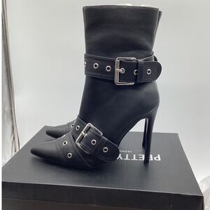PrettyLittleThing Black Buckle Eyelet Pointed Toe Stiletto Ankle Boots NEW